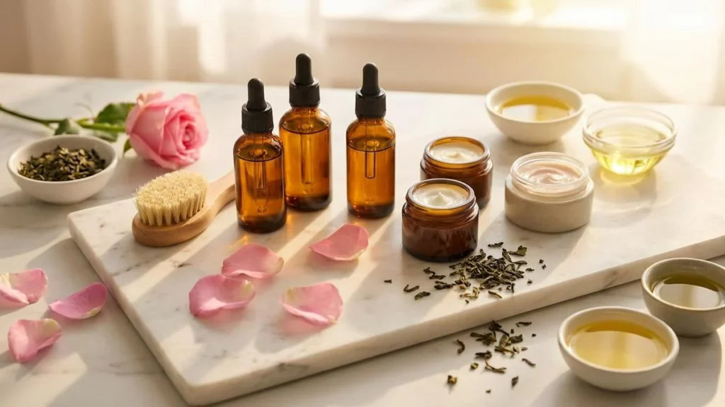 Sérums, crèmes et accessoires de soin naturels disposés sur un plan de marbre